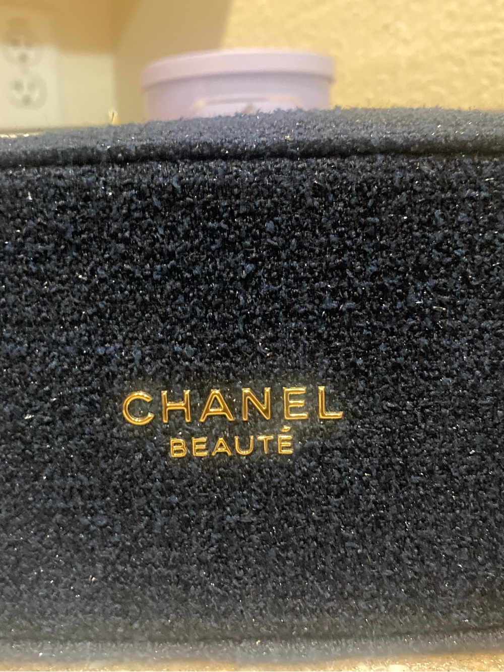 CHANEL Blue Velvet Cosmetic Pouch with Gold Logo